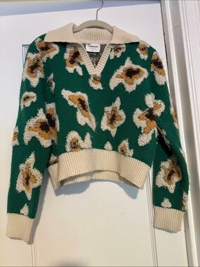 Green Floral V-Neck Knit Sweater with Cream Trim Anthropologie